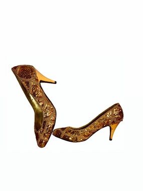 Vintage Gold Beaded and Sequined Women's Mid Heel Pumps